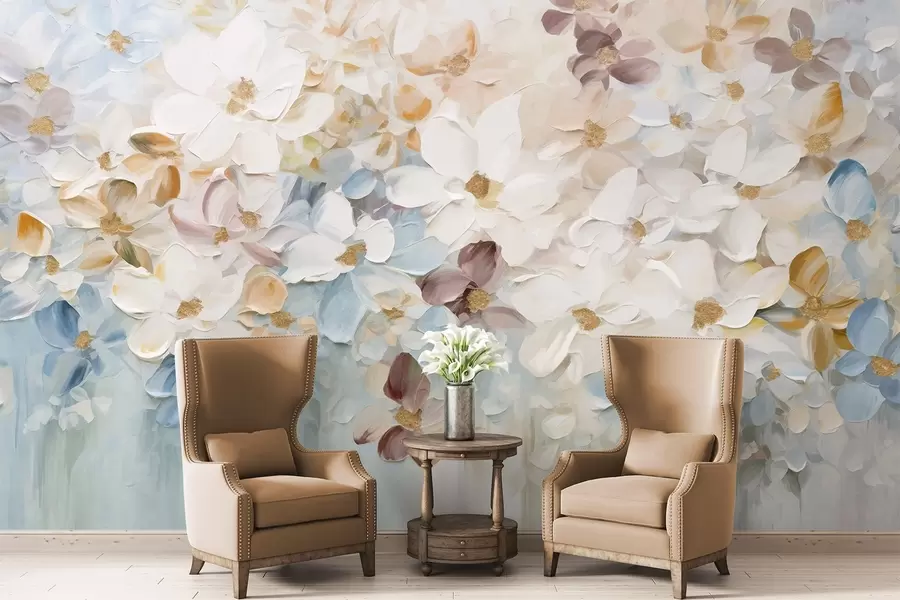 zidne murale Uljana slika imitacije cvjetnjaka s bijelim, plavim i narančastim cvijećem, mekim potezima kista, pastelnim prigušenim bojama w09236v1