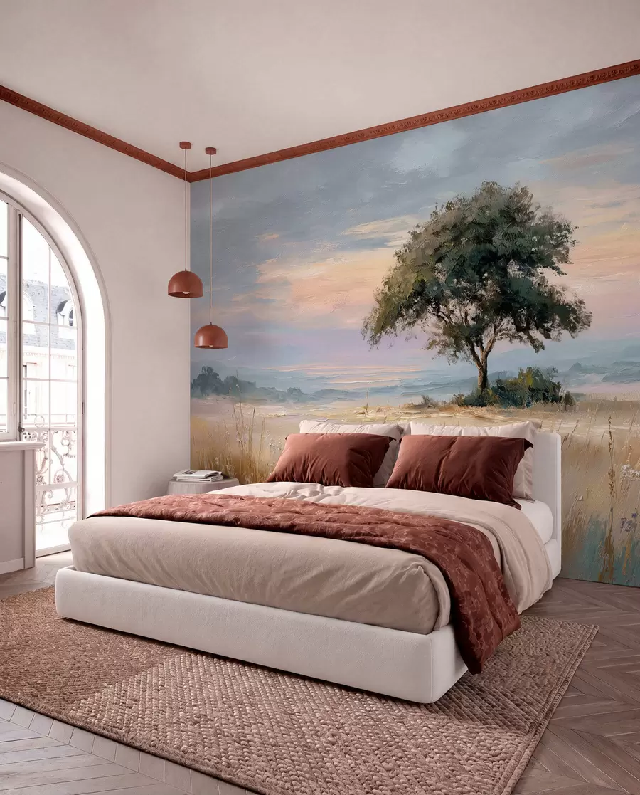 zidne murale drvo usred polja u stilu uljane slike w04206