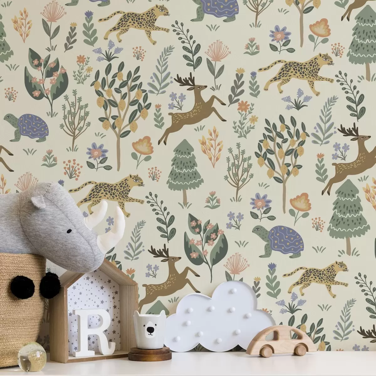 Pozadina Retro ilustracija s leopardima, drvećem i jelenima a00184