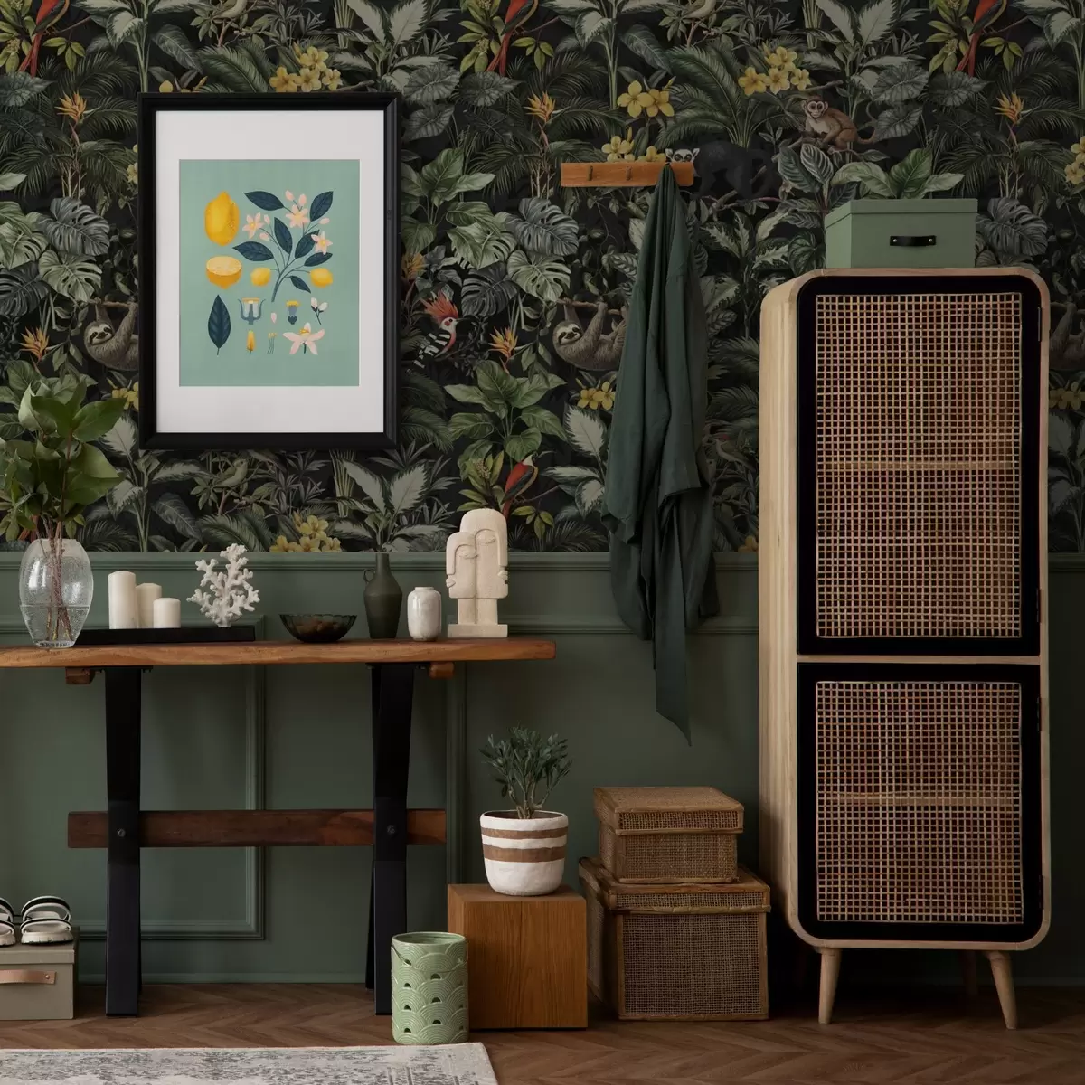 Pozadina Tropska džungla s majmunima, pticama i gustim lišćem a00191