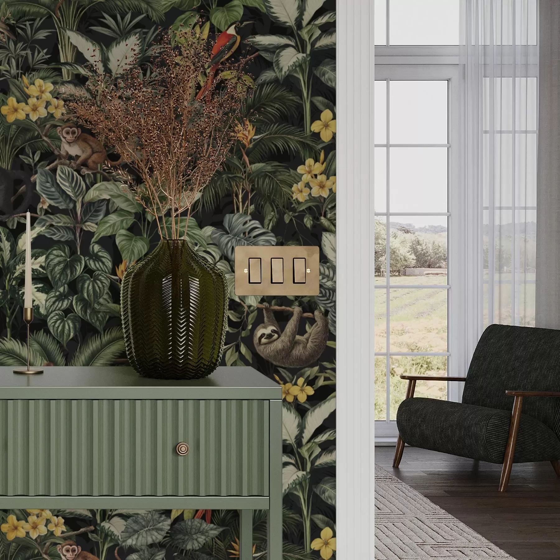 zidne murale Tropska džungla s majmunima, pticama i gustim lišćem a00191