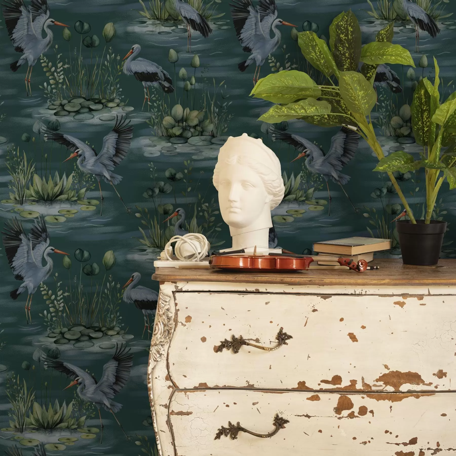 zidne murale Prizori s čapljama na pozadini ribnjaka i lopoča a00202