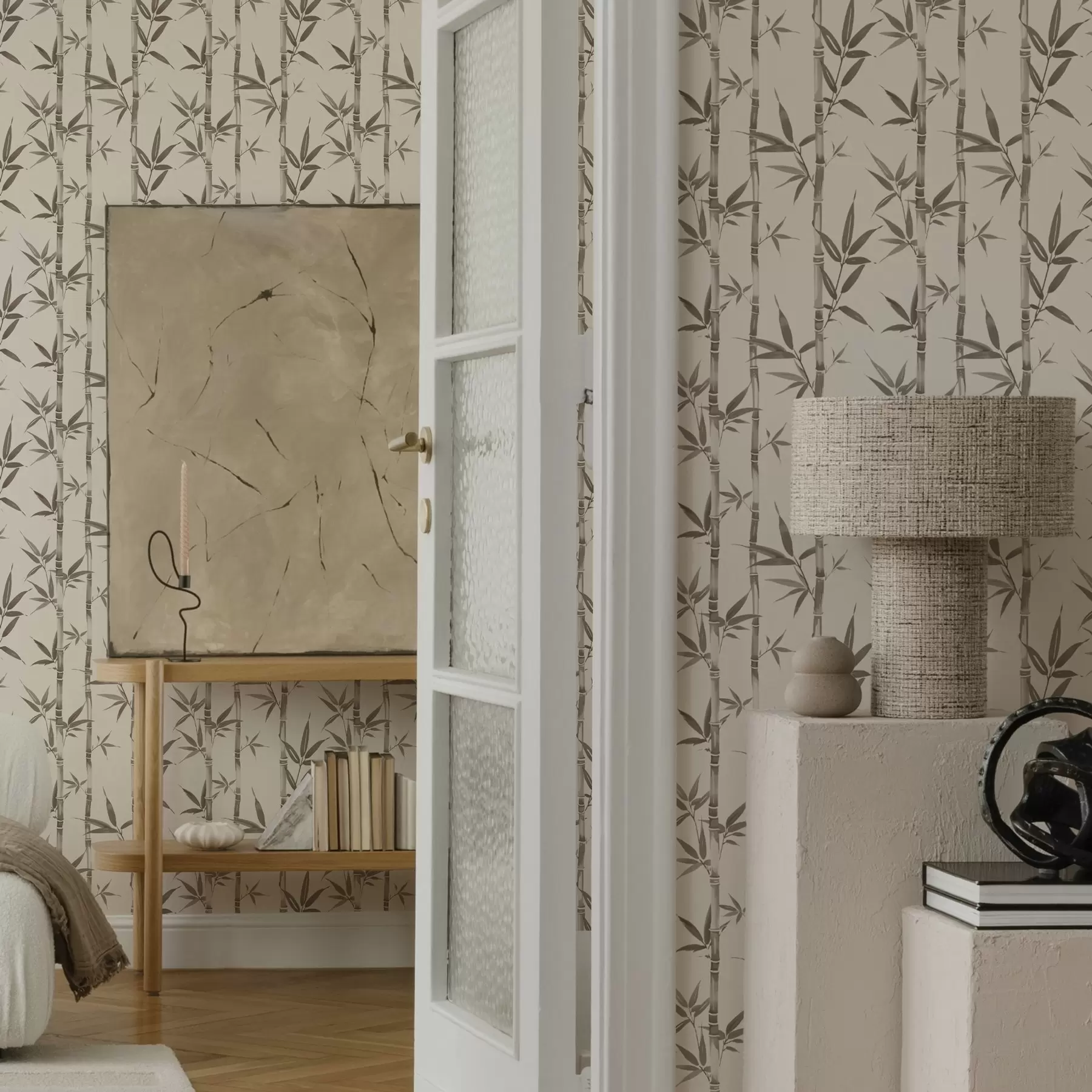zidne murale Bež bambusov uzorak s lišćem u japanskom stilu a00236