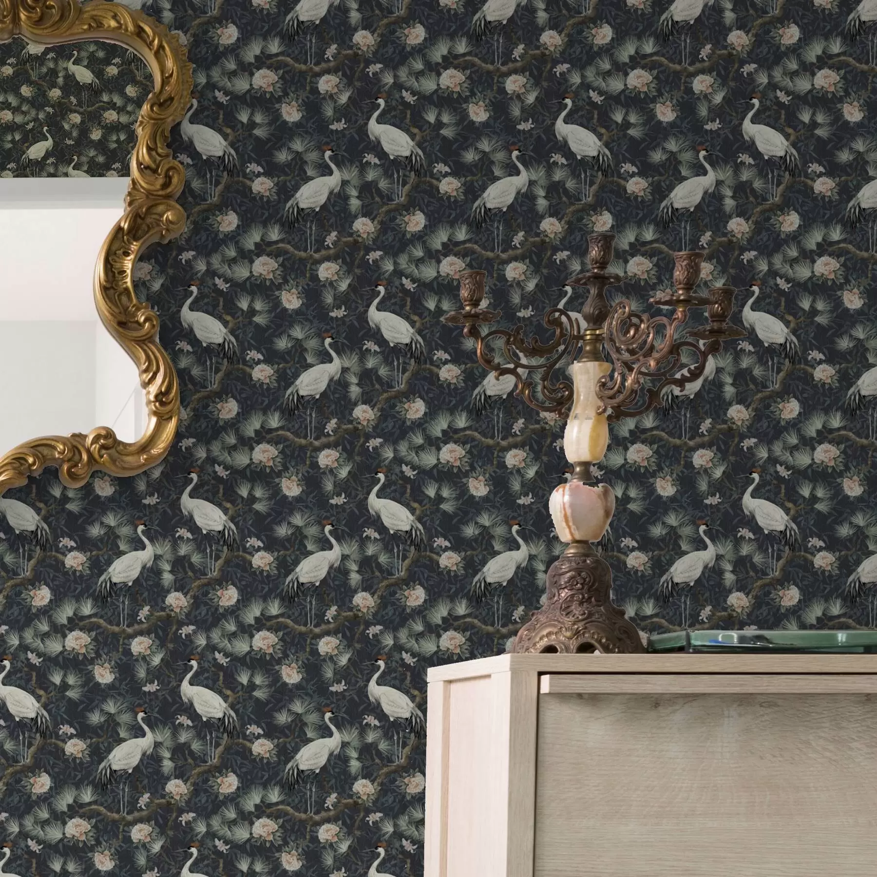 zidne murale Ždralovi među borovima i božurima na tamnoj pozadini a00241