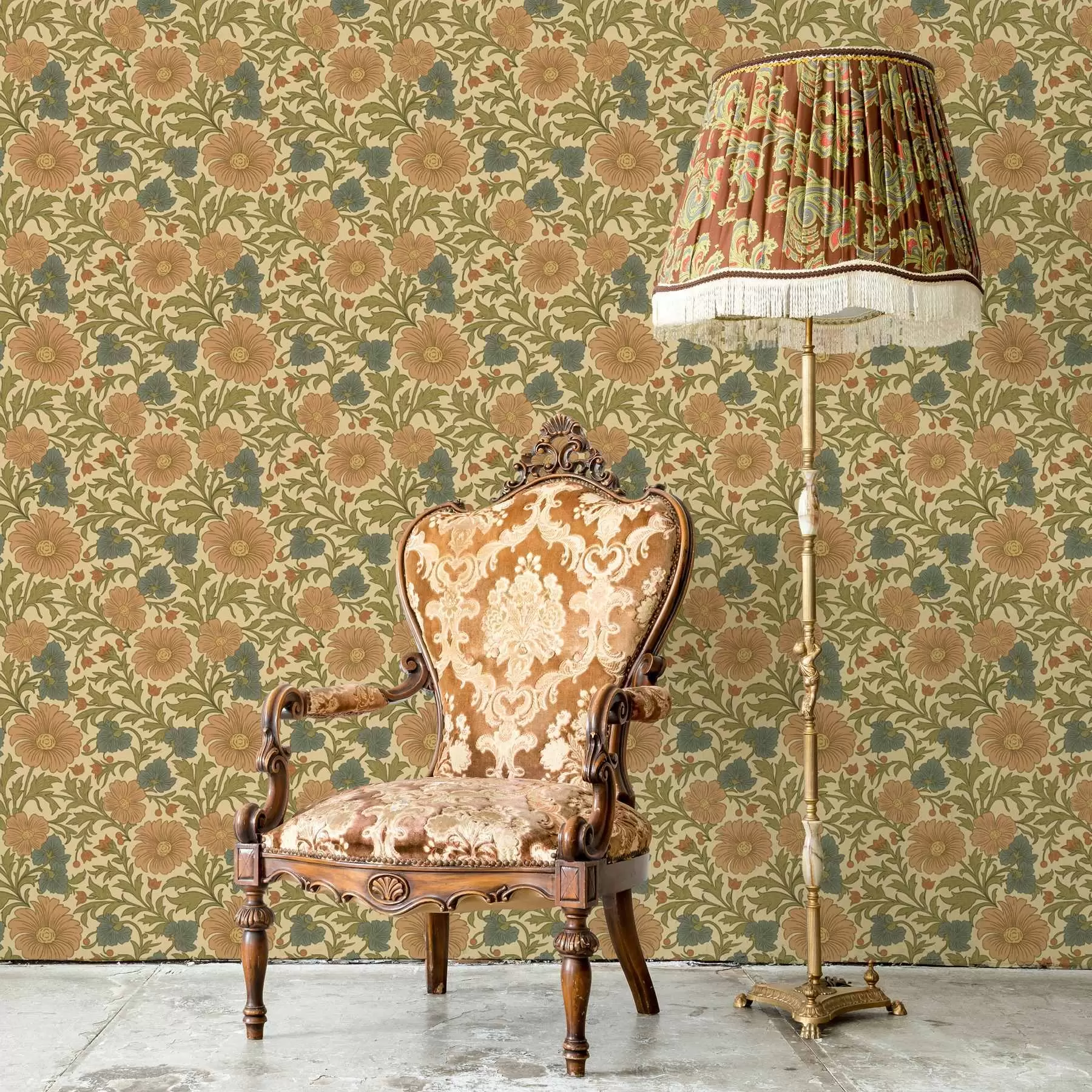 zidne murale Retro uzorak s narančastim i plavim cvijećem a00245