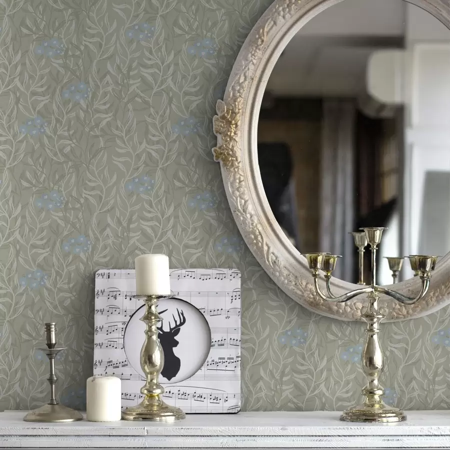 zidne murale Zelena pozadina s bijelim granama i plavim cvijećem a00268v1