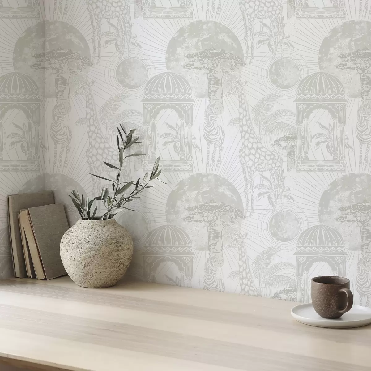 Pozadina Grafička ilustracija sa žirafom, zebrom i palmama a00276v1