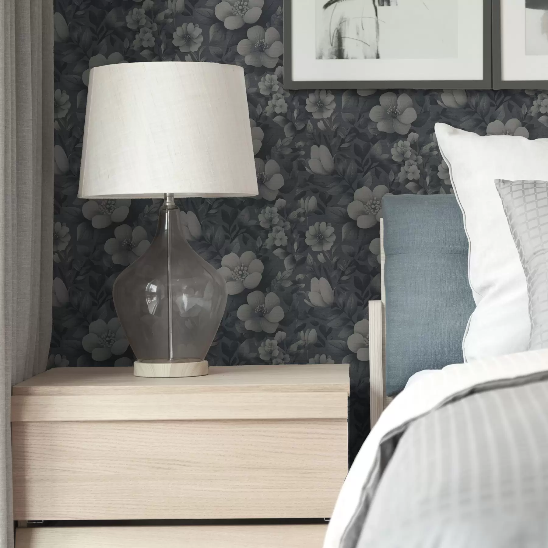 zidne murale Tamnoplavi uzorak s voluminoznim bijelim cvjetovima a00282