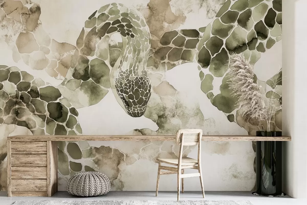 zidne murale Silueta zmije, akvarelni stil, maslinaste boje w04113v3