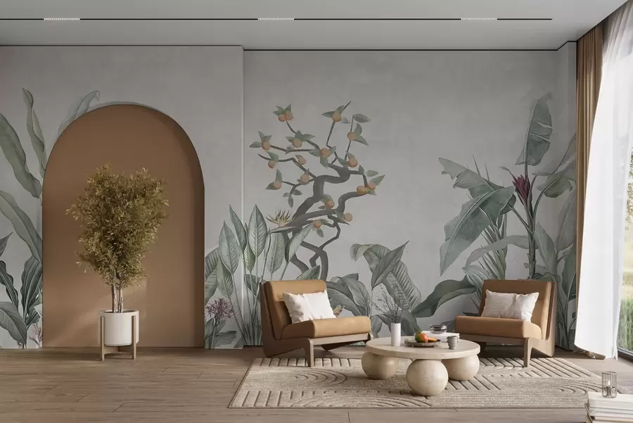 zidne murale Tropske biljke s narančom na svijetloj pozadini w04201