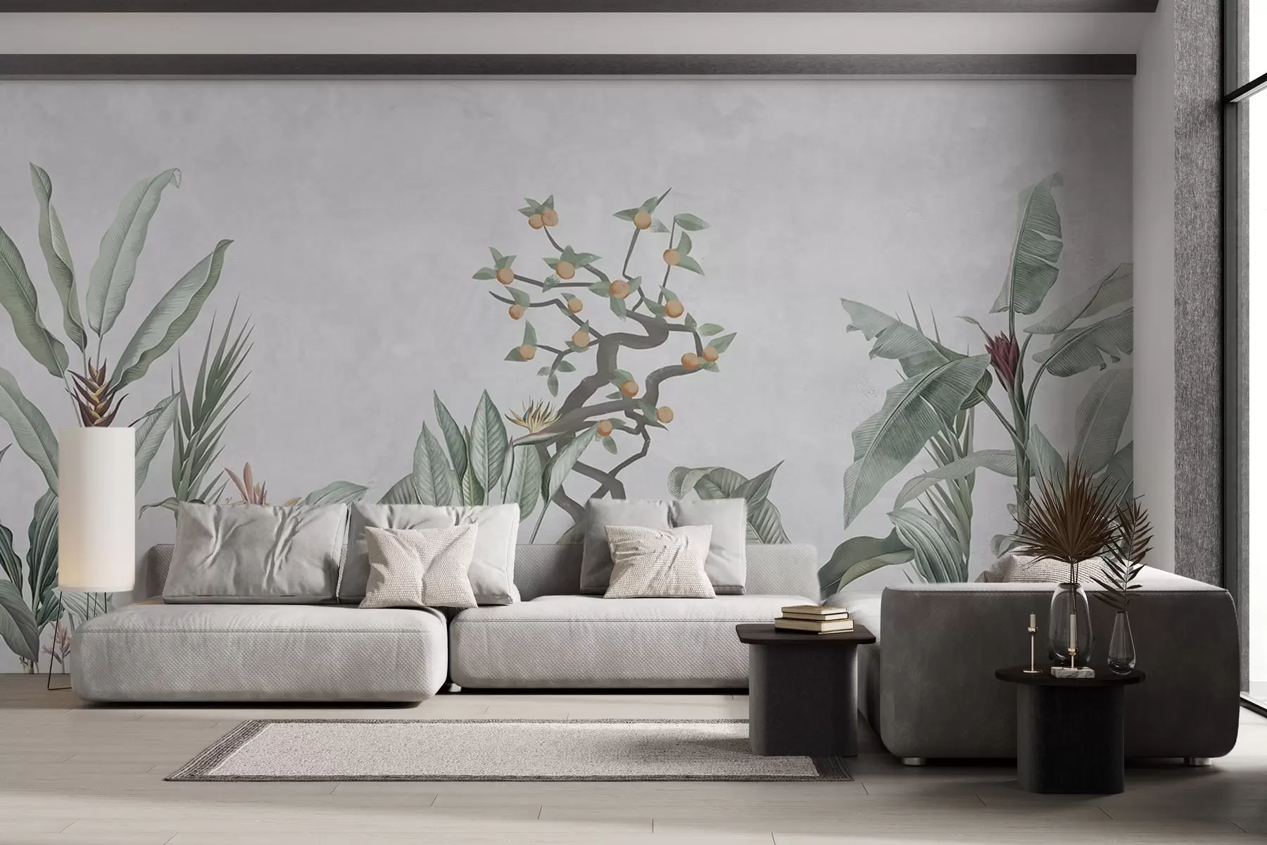 zidne murale Tropske biljke s narančom na svijetloj pozadini w04201