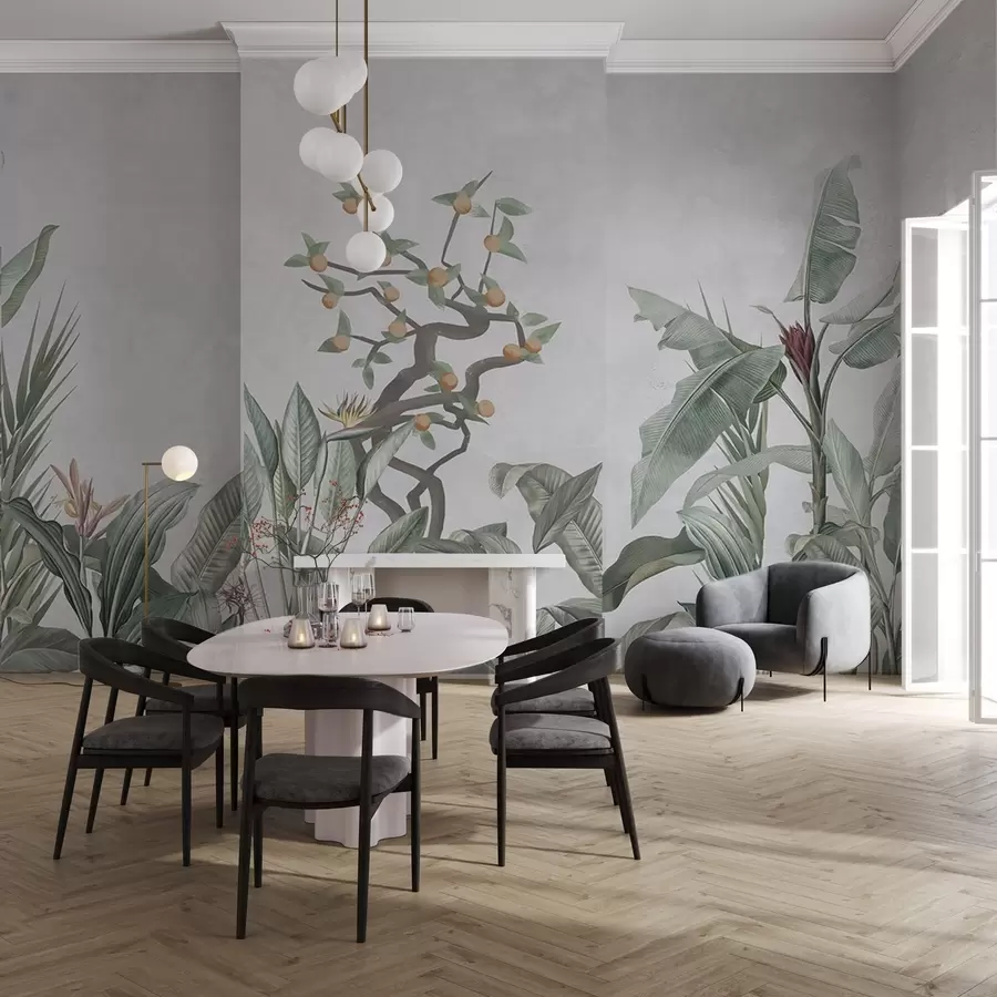 zidne murale Tropske biljke s narančom na svijetloj pozadini w04201