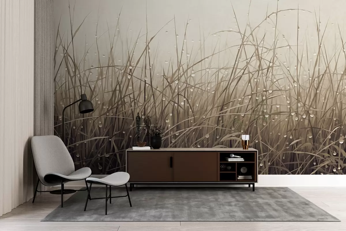 zidne murale Trava s kapljicama vode, prigušene smeđe nijanse, meko svjetlo, maglovita pozadina, apstraktni minimalistički teksturirani stil w09217v1