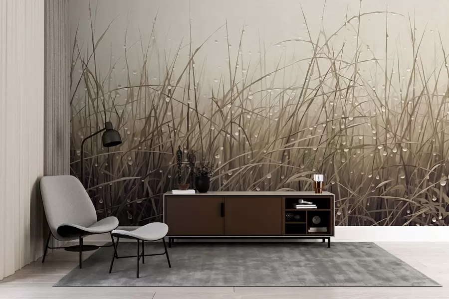 zidne murale Trava s kapljicama vode, prigušene smeđe nijanse, meko svjetlo, maglovita pozadina, apstraktni minimalistički teksturirani stil w09217v1