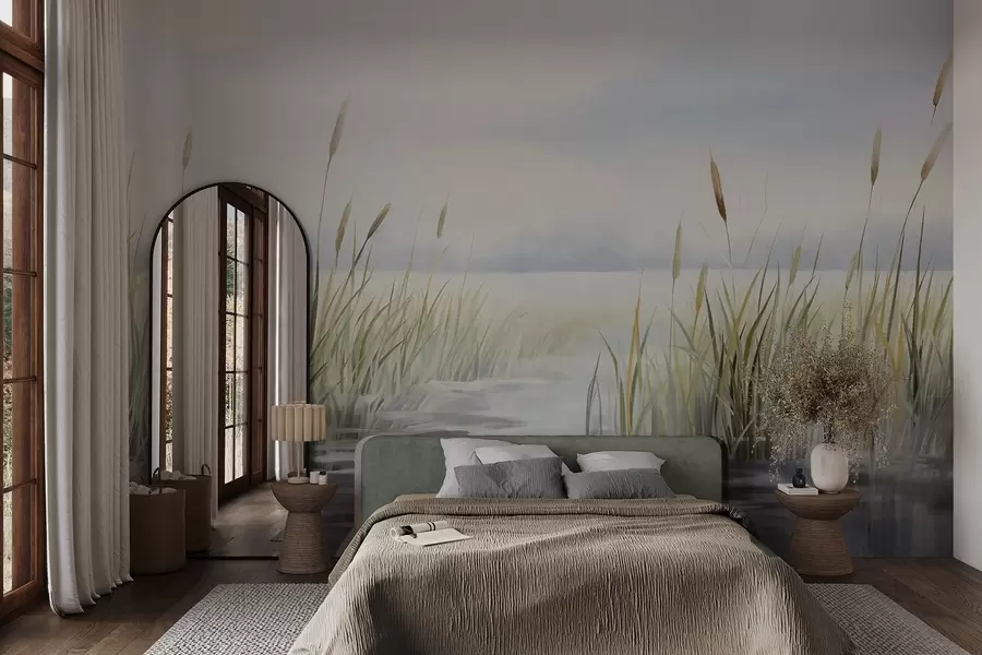 zidne murale Akvarel teksturirana imitacija krajolika s jezerom, travom, oblačnim nebom i zamućenom pozadinom w09219