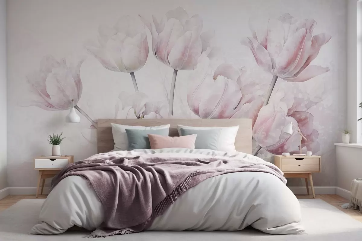 zidne murale Ružičasti teksturirani tulipani sa zelenim lišćem, meko svjetlo, vintage stil akvarela, nježni potezi kistom w09220