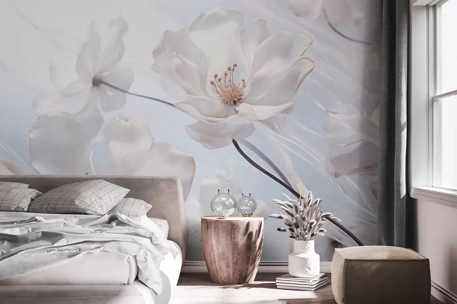 zidne murale Bijelo teksturirano prozirno cvijeće s nježnim laticama, meka svijetloplava pozadina, elegantno, romantično, sanjivo w09233