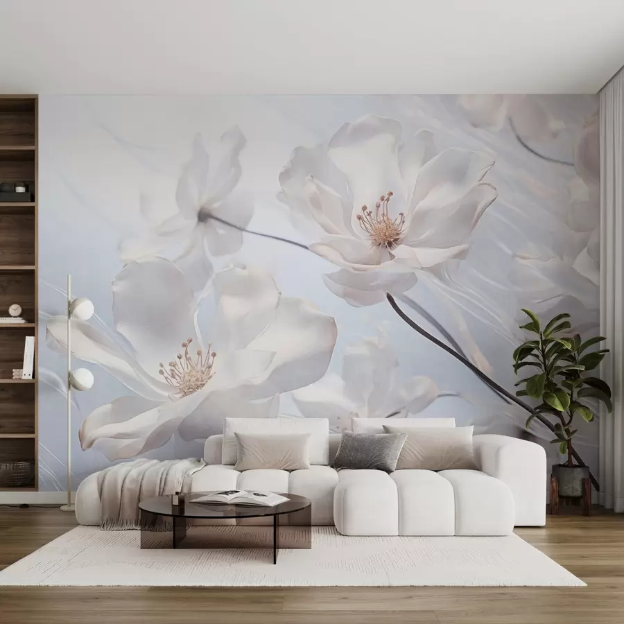 zidne murale Bijelo teksturirano prozirno cvijeće s nježnim laticama, meka svijetloplava pozadina, elegantno, romantično, sanjivo w09233