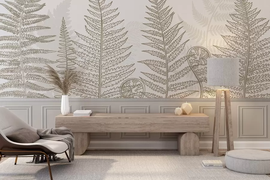 zidne murale lišće, biljke, paprat, svjetlo, botanički, grafički w04239v2