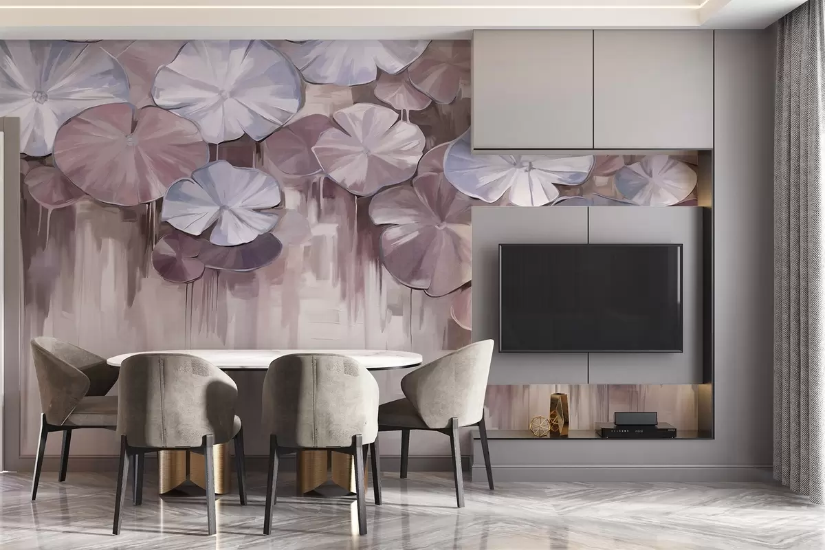 zidne murale Teksturirani lokvanj s ljubičastim i plavim bojama u ribnjaku, pozadina je mutna mješavina mekih nijansi ljubičaste w09255v1