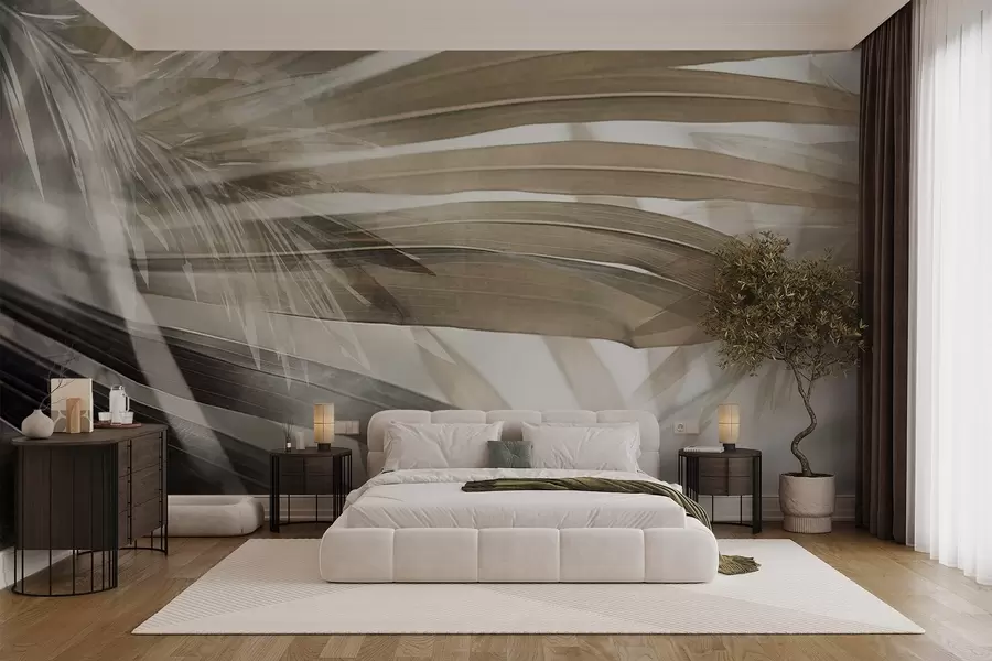 zidne murale Palmino lišće svijetlosmeđe nijanse, koje se preklapa i stvara slojevit efekt, na mekoj, neutralnoj pozadini w09256