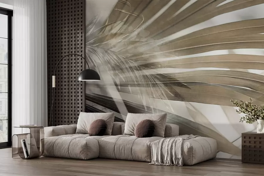 zidne murale Palmino lišće svijetlosmeđe nijanse, koje se preklapa i stvara slojevit efekt, na mekoj, neutralnoj pozadini w09256