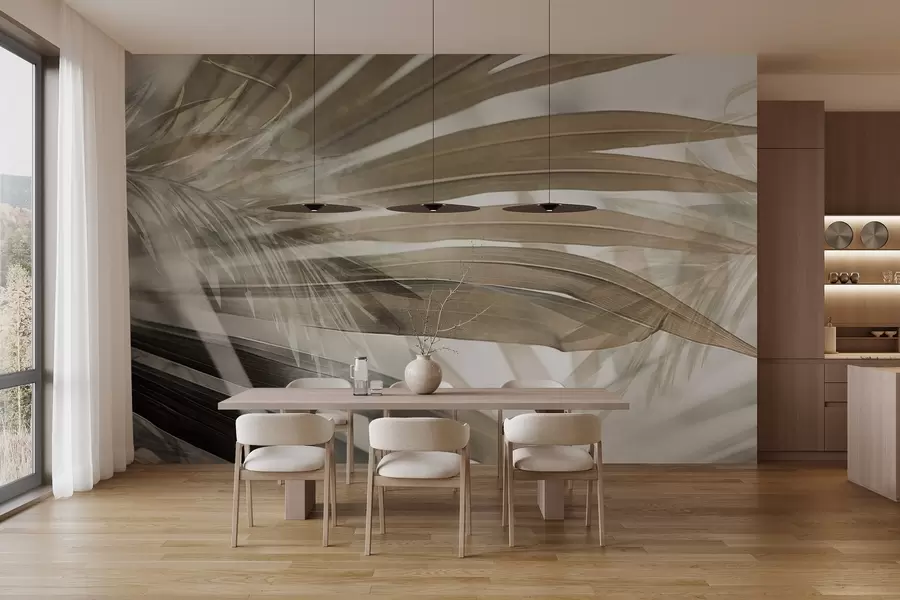 zidne murale Palmino lišće svijetlosmeđe nijanse, koje se preklapa i stvara slojevit efekt, na mekoj, neutralnoj pozadini w09256