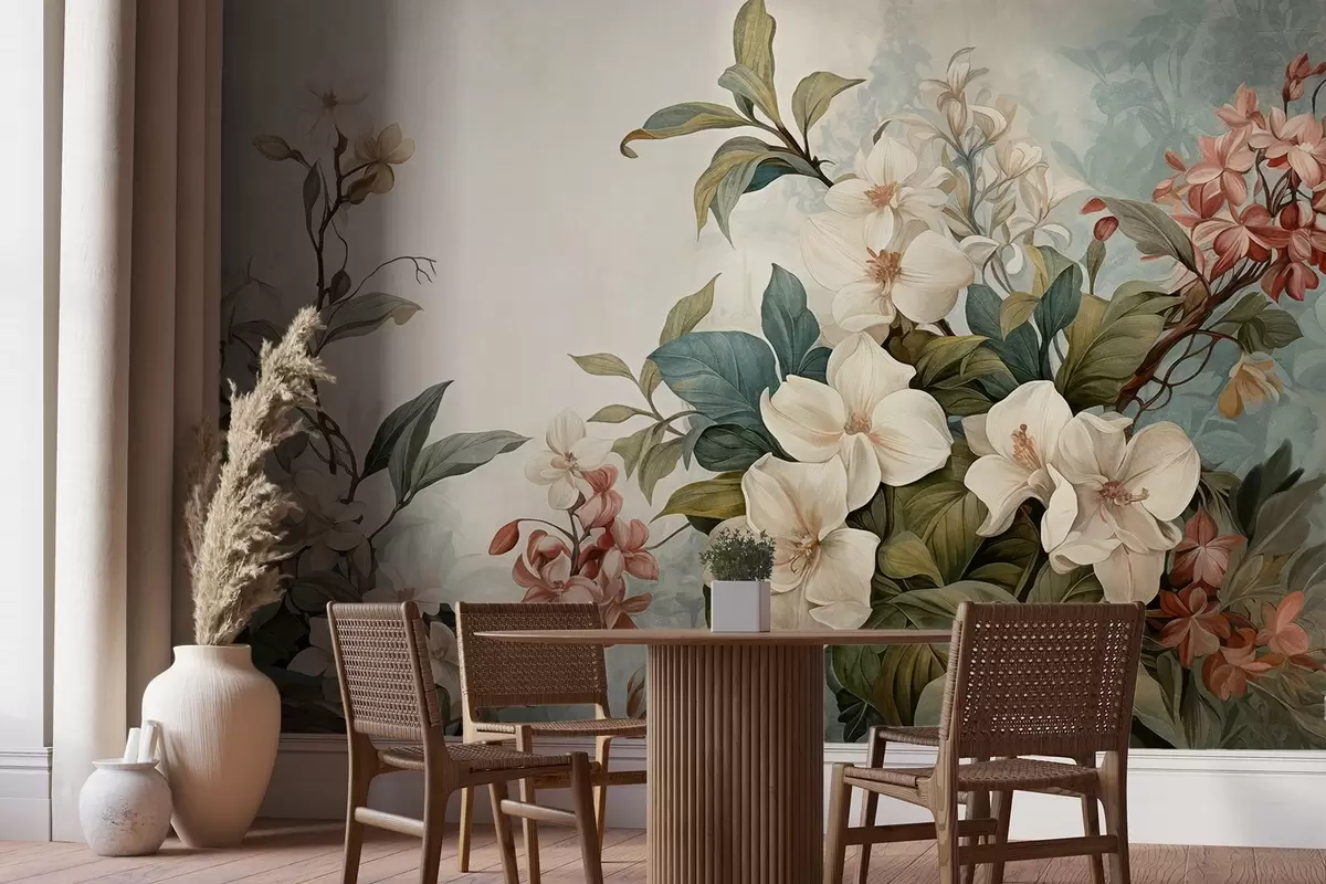 zidne murale Teksturirano tropsko cvijeće i lišće s mekim plavim i zelenim nijansama, nježni potezi kistom, vintage botanički stil w09259