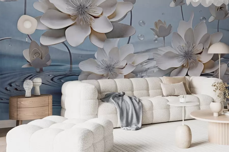 zidne murale Bijelo teksturirano cvijeće s kapljicama vode, odrazi na površini vode, svijetloplava pozadina, elegantan dizajn w09262