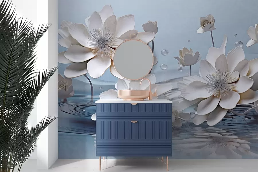 zidne murale Bijelo teksturirano cvijeće s kapljicama vode, odrazi na površini vode, svijetloplava pozadina, elegantan dizajn w09262