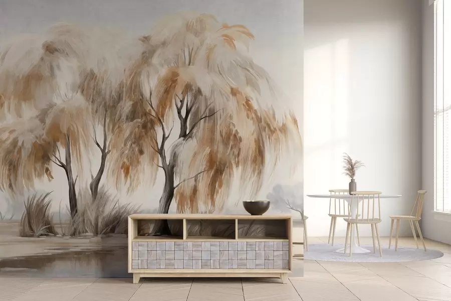 zidne murale Teksturirane vrbe sa smeđim i bijelim lišćem na obali jezera, s malo trave oko njih, u maglovitom danu w09268