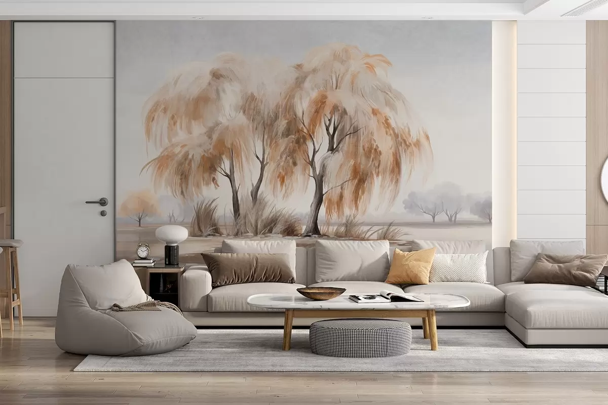 zidne murale Teksturirane vrbe sa smeđim i bijelim lišćem na obali jezera, s malo trave oko njih, u maglovitom danu w09268