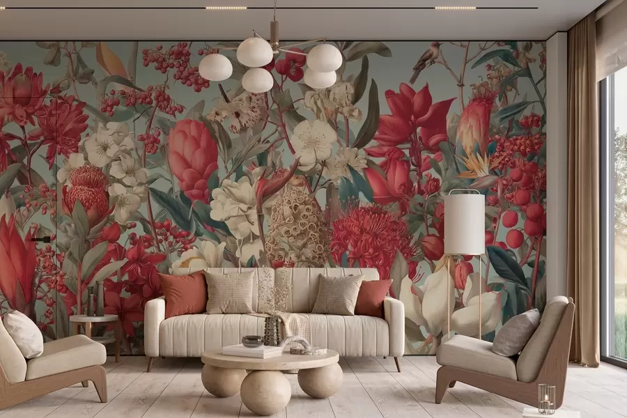 zidne murale teksturirano tropsko cvijeće na plavoj pozadini w04209