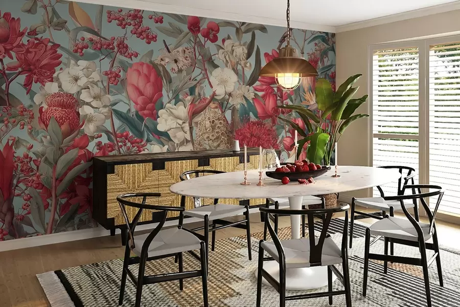 zidne murale teksturirano tropsko cvijeće na plavoj pozadini w04209