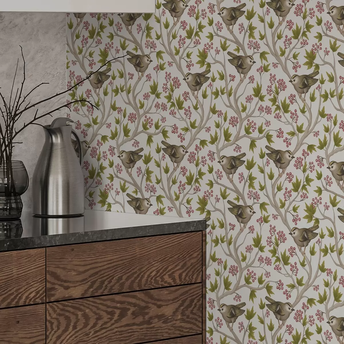 Pozadina Ptice na granama s lišćem i bobicama na bijeloj pozadini a00283