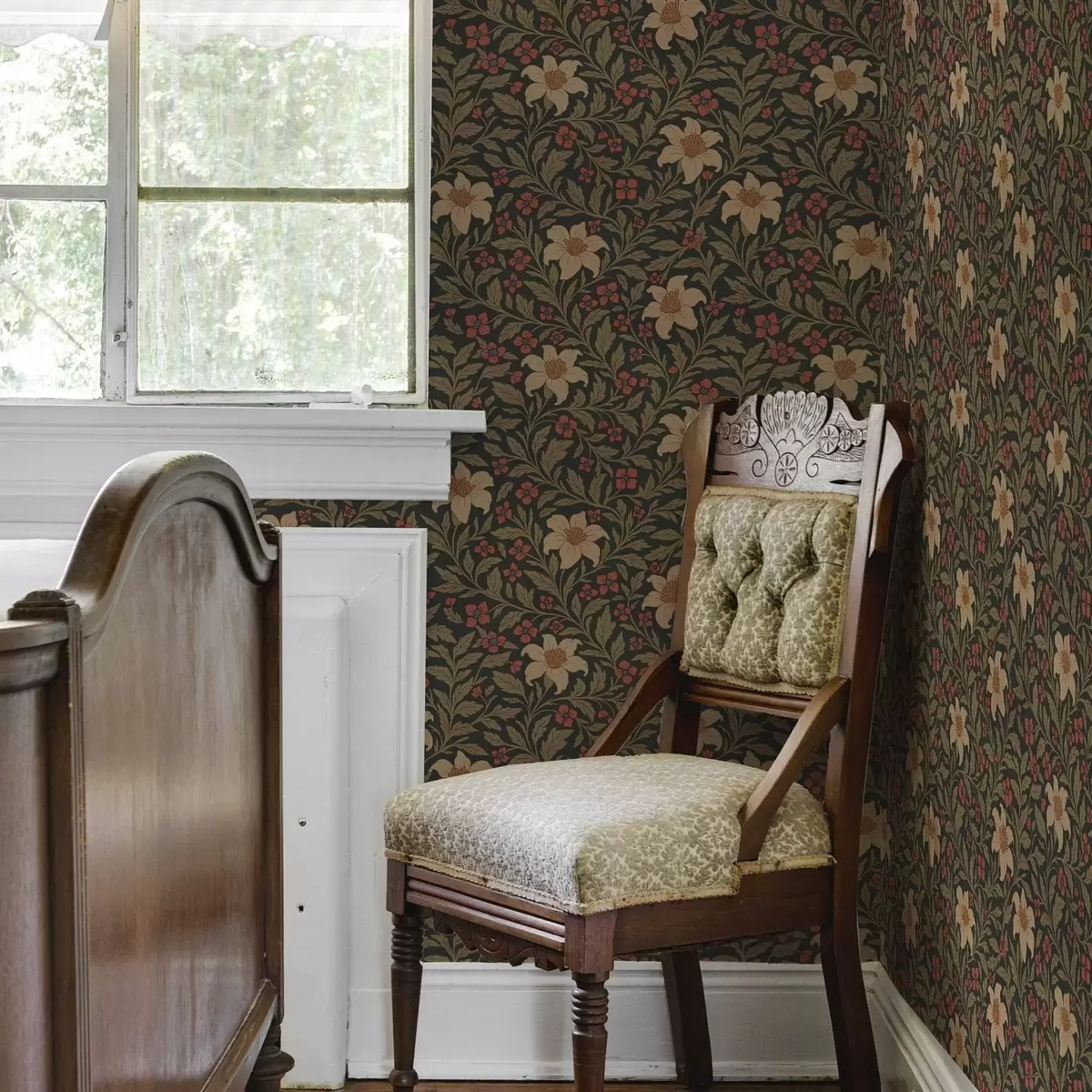 Pozadina Tamna pozadina sa žutim i crvenim cvijećem u secesijskom stilu a00293