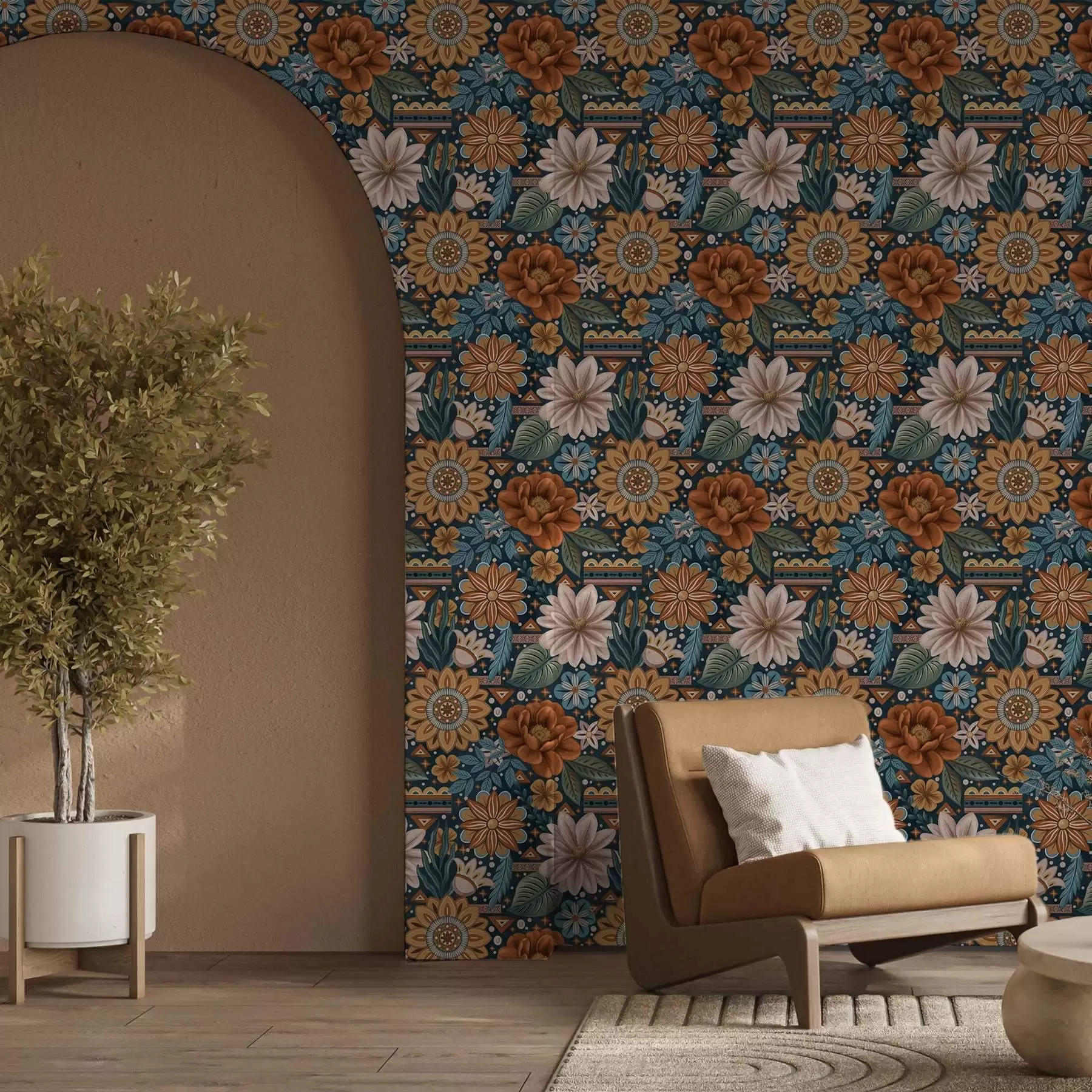 zidne murale Svijetlo ukrasno cvijeće s geometrijskim elementima a00305