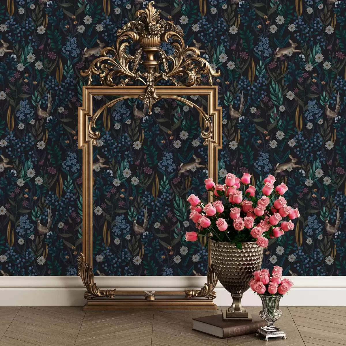 Pozadina Tamna šuma s cvijećem, zecom i pticom a00310