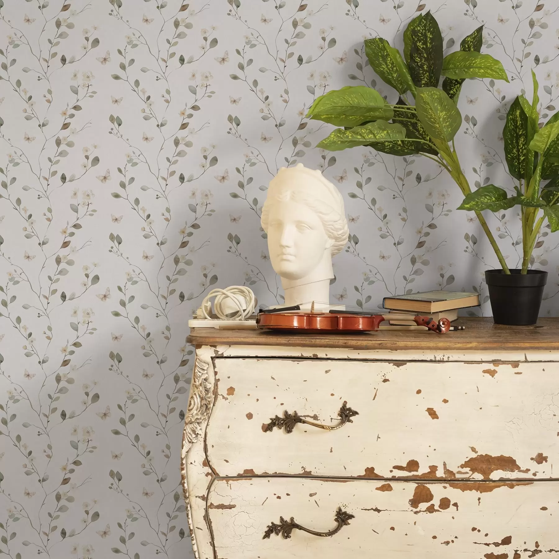 zidne murale Tanke grane s cvijećem i leptirima na bijeloj pozadini a00342