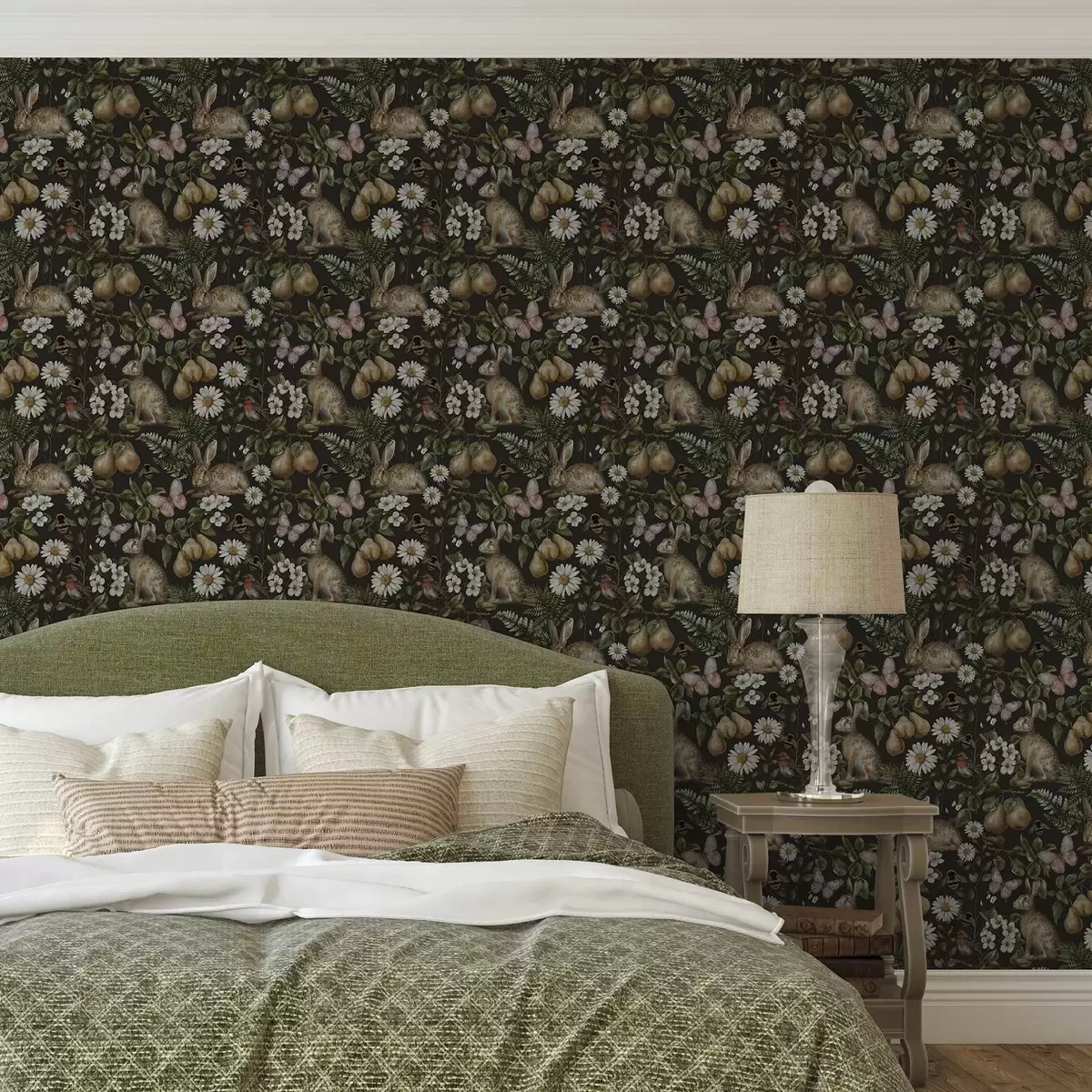 Pozadina Realistični zečevi, kruške, cvijeće i insekti na tamnoj pozadini a00401