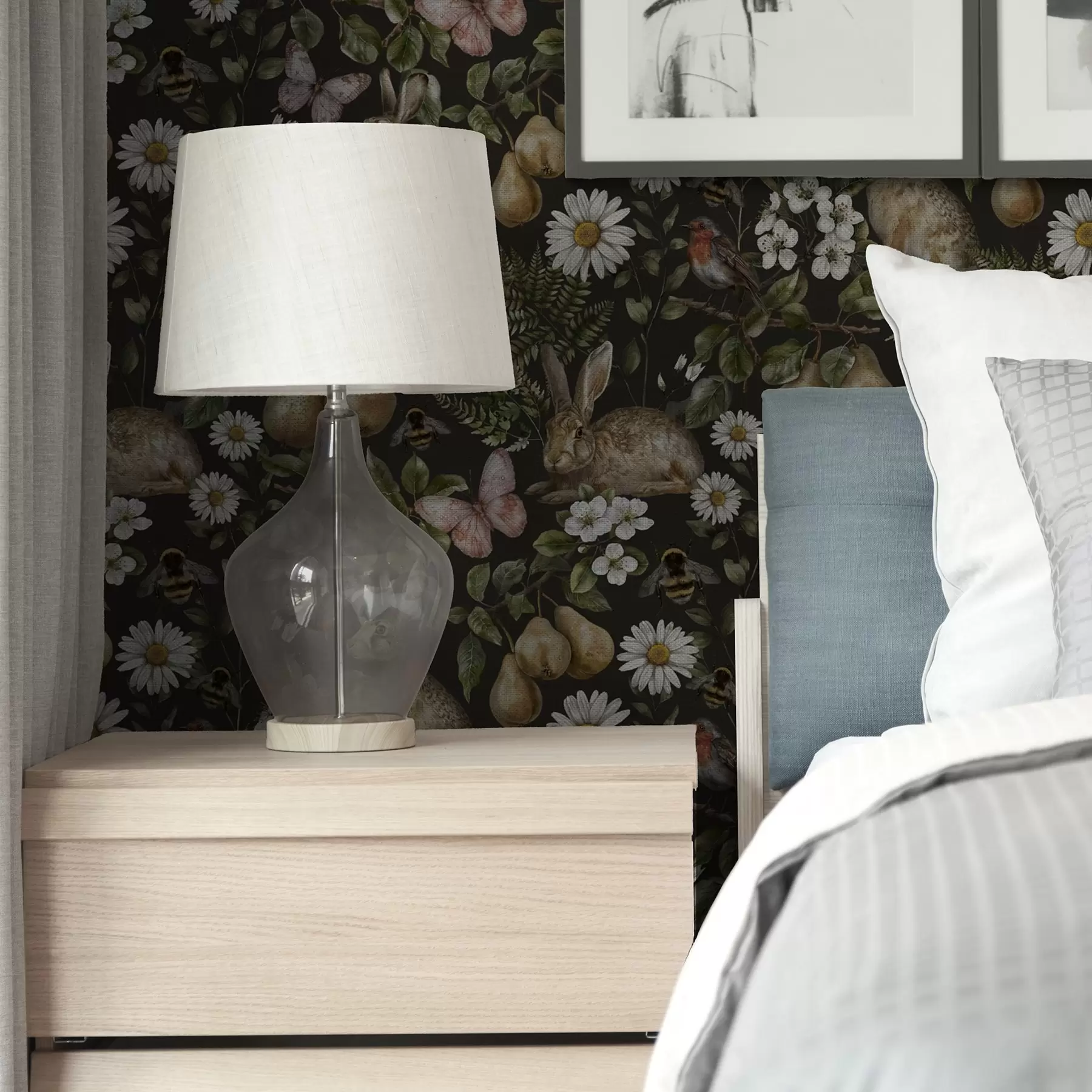 zidne murale Realistični zečevi, kruške, cvijeće i insekti na tamnoj pozadini a00401