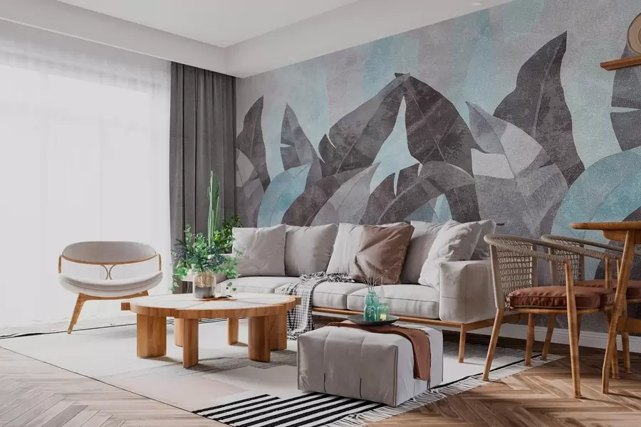 zidne murale teksturirani listovi banane u nijansama plave i sive w04285v2
