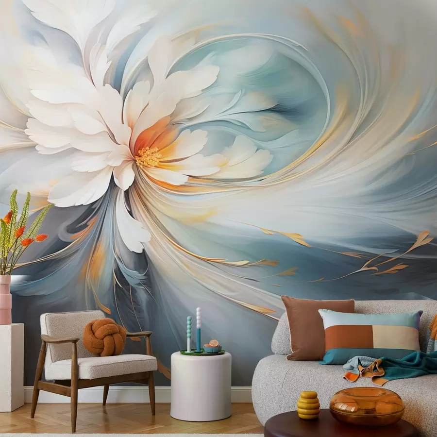 zidne murale Apstraktni cvijet u nježnim plavim i narančastim tonovima w09270