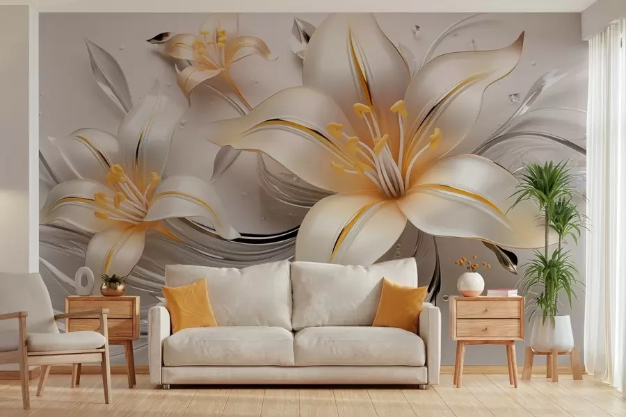 zidne murale Žuti ljiljani s 3D efektom na svijetloj pozadini w09278