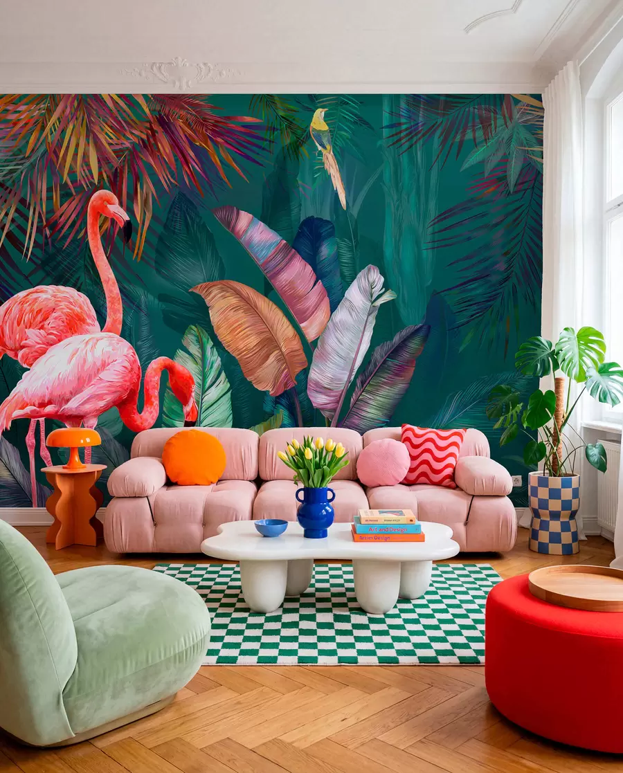 zidne murale Flamingosi u obojenim tropima u80403