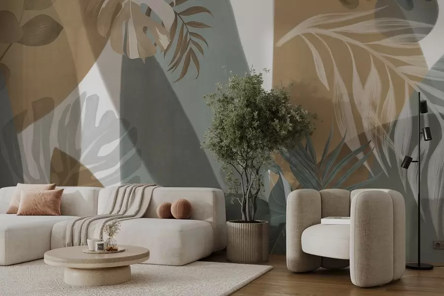 zidne murale Listovi monstere i palmini listovi u uzorku sa smeđim, bijelim i zelenim bojama, tropska vibra, apstraktni oblici, dekorativno w09288