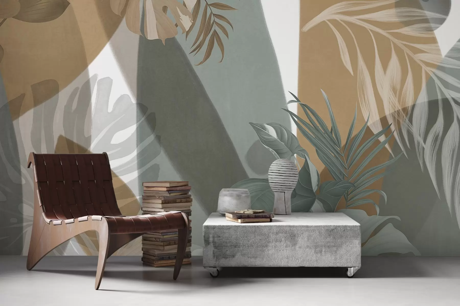 zidne murale Listovi monstere i palmini listovi u uzorku sa smeđim, bijelim i zelenim bojama, tropska vibra, apstraktni oblici, dekorativno w09288