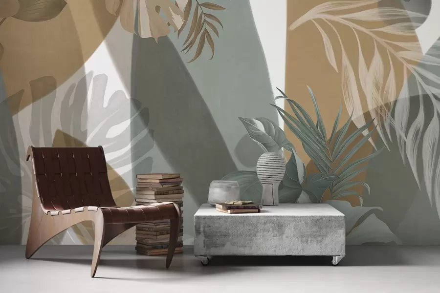 zidne murale Listovi monstere i palmini listovi u uzorku sa smeđim, bijelim i zelenim bojama, tropska vibra, apstraktni oblici, dekorativno w09288