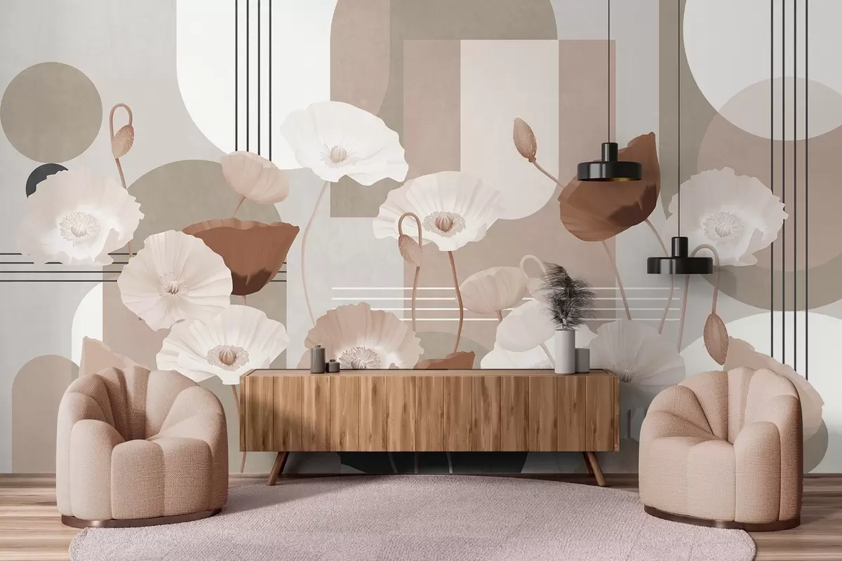 zidne murale Makovi u bijeloj i bež boji s geometrijskim oblicima u pozadini, krugovima i lukovima, minimalistički stil, meke boje w09289