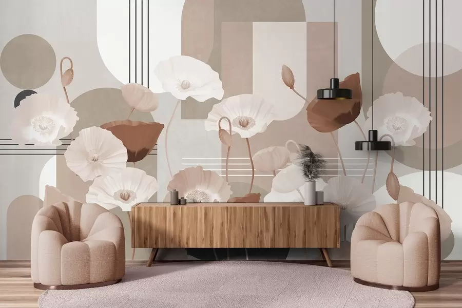 zidne murale Makovi u bijeloj i bež boji s geometrijskim oblicima u pozadini, krugovima i lukovima, minimalistički stil, meke boje w09289